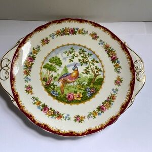 Royal Albert Cake Plate 2 Handled 9.875" Chelsea Bird Blue maroon Gold 1940s